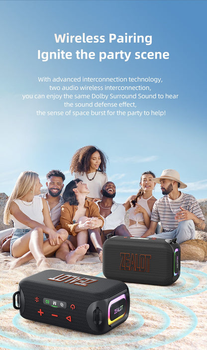 Caixa de som Bluetooth portátil 3D Zealot-S85 50W com diafragma duplo e alça à prova d'água IPX6 para ambientes externos