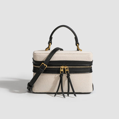 Women's Retro Canvas Spliced Lunch Box, Commuter Portable Shoulder Crossbody Small Square Bag, Adjustable Shoulder Strap