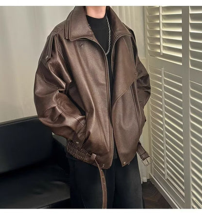 Spring and Autumn Retro PU Jacket Casual Zipper Locomotive Leather Clothes