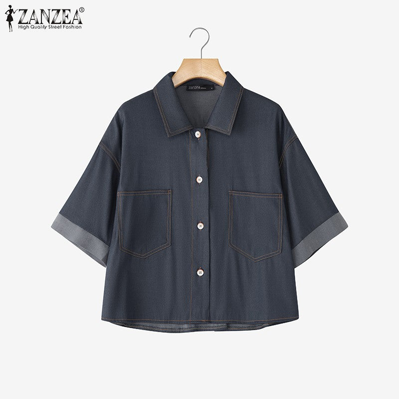 ZANZEA Denim Cardigan Shirts Women Elegant Office Blusas Casual Lapel Neck Outwears 2025 Half Sleeve Solid Color Fashion Tunic