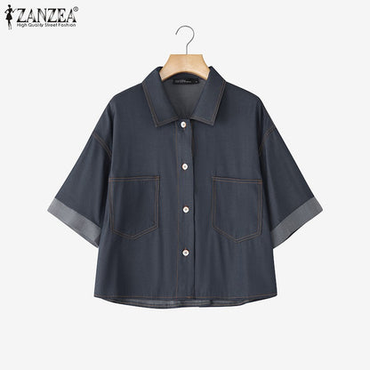 ZANZEA Denim Cardigan Shirts Women Elegant Office Blusas Casual Lapel Neck Outwears 2025 Half Sleeve Solid Color Fashion Tunic