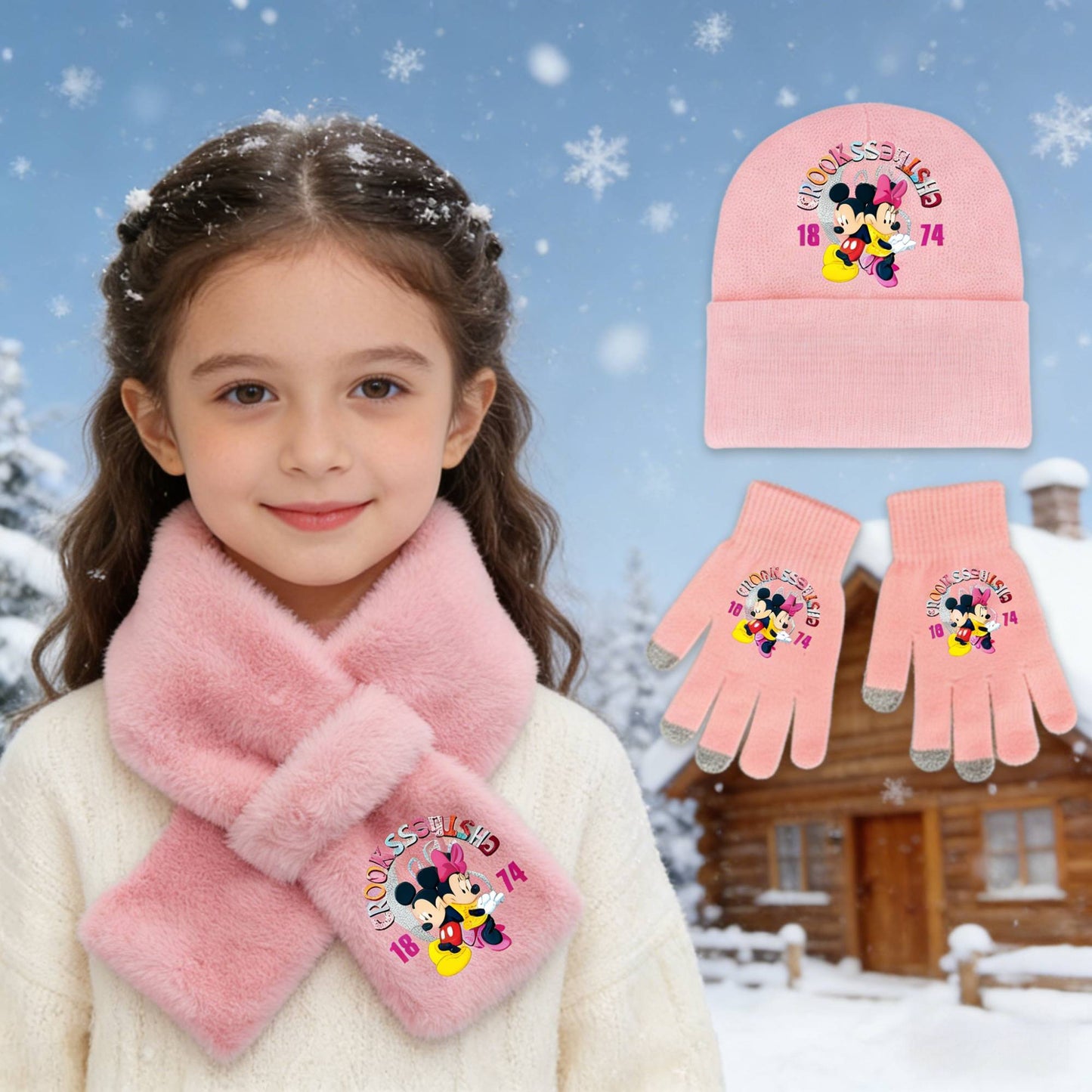 Disney Mickey Minnie 3 Peças Conjunto de Gorro Cachecol Luvas Quente e Macio para Meninas Crianças Moda Inverno Acessórios Casuais Presente de Aniversário Perfeito