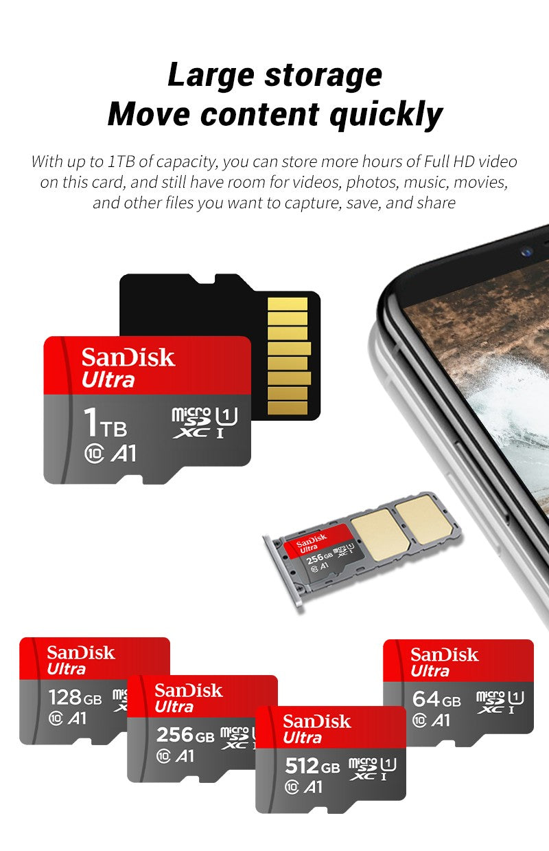 Cartão Micro SD SanDisk Original C10 32GB 64GB 128GB 256GB 512GB Até 150MB/s Cartão de Memória Microsd 1TB Cartão Flash TF A1 para Celular