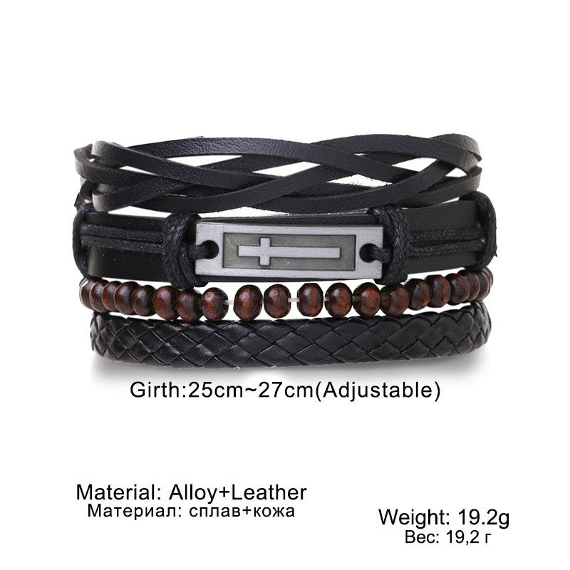 Conjunto de 4 Pulseiras Masculinas Trançadas de Couro com Fecho, Vintage Árvore da Vida Leme, Miçangas de Madeira, Étnicas Tribais, Bracelete de Corda
