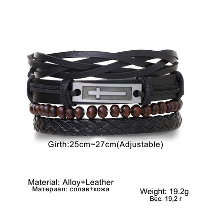 Conjunto de 4 Pulseiras Masculinas Trançadas de Couro com Fecho, Vintage Árvore da Vida Leme, Miçangas de Madeira, Étnicas Tribais, Bracelete de Corda