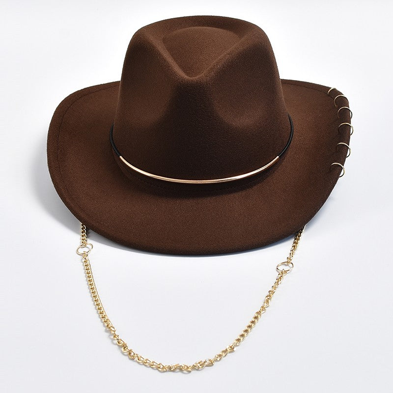 Chapéus Fedora Retrô Femininos Masculinos Chapéu de Jazz em Feltro com Corrente de Metal Aba Curva Chapéu de Cowboy Ocidental Sombrero Hombre