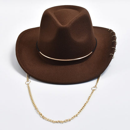 Chapéus Fedora Retrô Femininos Masculinos Chapéu de Jazz em Feltro com Corrente de Metal Aba Curva Chapéu de Cowboy Ocidental Sombrero Hombre