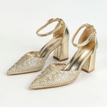 Women's Pumps 2 Inch Chunky Block Heel Pointed Toe Ankle Strap Slingback Wedding Party Dress Shoes