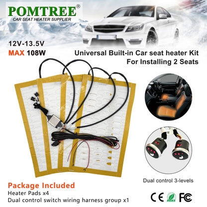 Conjunto Universal de Aquecedores de Assento de Carro Embutidos para 2 Assentos com Fio de Liga 12V Almofada de Aquecimento Rápido e Sistema de Interruptor de Controle Duplo de 3 Níveis