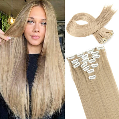 Cabelo Liso Comprido 16 Clipes 7 Pçs/Conjunto de Apliques de Cabelo Sintético Natural Loiro Preto Resistente ao Calor 2026