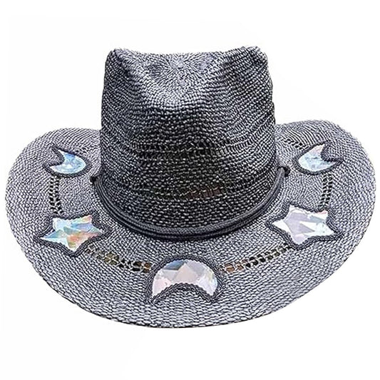 Suncatcher Cowgirl Chapéu de Palha com Prisma Chapéu de Cowboy Tecido à Mão Feminino Boné de Palha Aba Larga Chapéu de Sol Feminino da Moda para Praia de Verão