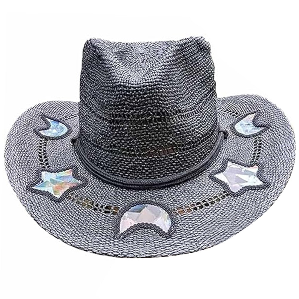 Suncatcher Chapéu de Sol com Estampa de Vaca e Palha, Chapéu de Palha Trançado à Mão, Chapéu de Cowboy com Aba Larga Modelável, Chapéu Arco-Íris, Chapéu de Sol de Verão para Praia para Mulheres