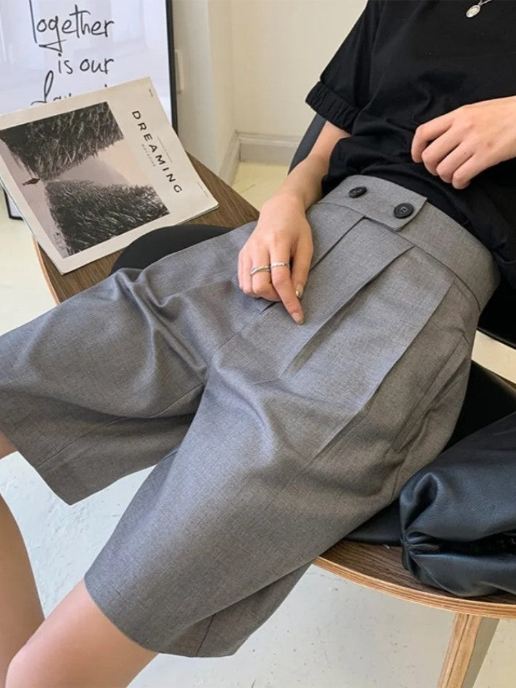 High Waist Wide Leg Suit Shorts for Women Spring Summer Button Straight Short Pants Office Lady Fashion Casual Womens Shorts