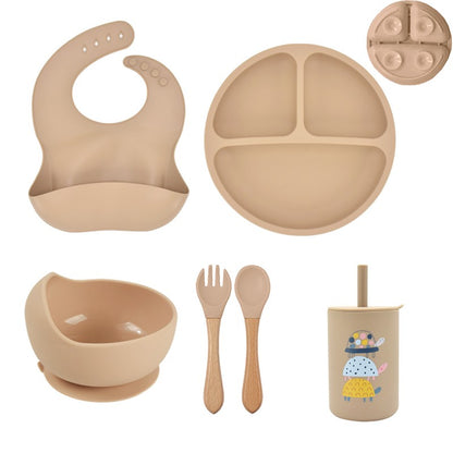 5P Baby Silicone Tableware Set Lid Divided Plate With Suction Bowls Straw Cup Wood Spoon Fork for Toddler Feeding Training Plate
