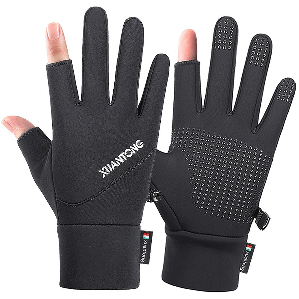 GOBYGO 1Par Luvas de Inverno com Forro de Lã para Aquecer, Luvas de Ciclismo Antiderrapantes de Silicone, Luvas de Pesca Touchscreen com Dois Dedos Expostos