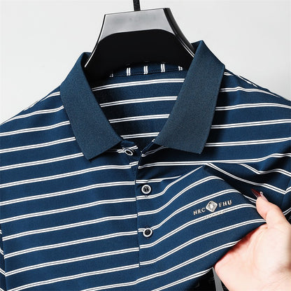 Men's Casual and Fashionable Striped Short Sleeved Polo Shirt Summer Comfortable Sweat Absorbing Breathable and Versatile Top
