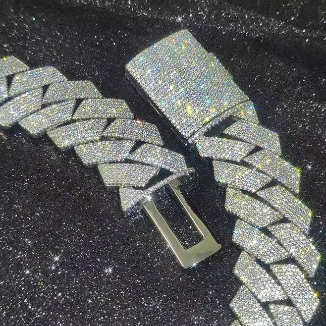 Colar Masculino/Feminino Folheado a Ouro Branco/18k com Corrente Cubana Grossa de 15mm com Duas Fileiras de Zircônias Cravejadas, Joia de Hip Hop com Zircônias Cravejadas, Presente