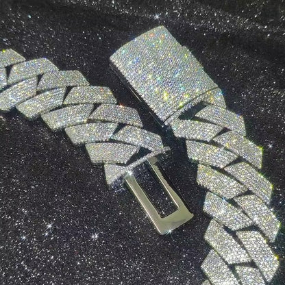 Colar Masculino/Feminino Folheado a Ouro Branco/18k com Corrente Cubana Grossa de 15mm com Duas Fileiras de Zircônias Cravejadas, Joia de Hip Hop com Zircônias Cravejadas, Presente