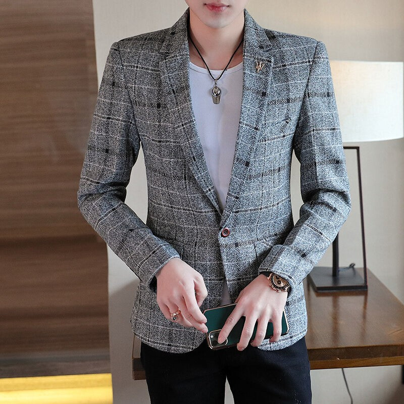Men's casual plaid suit jacket, fashionable and versatile slim-fitting top, stylish plaid suit