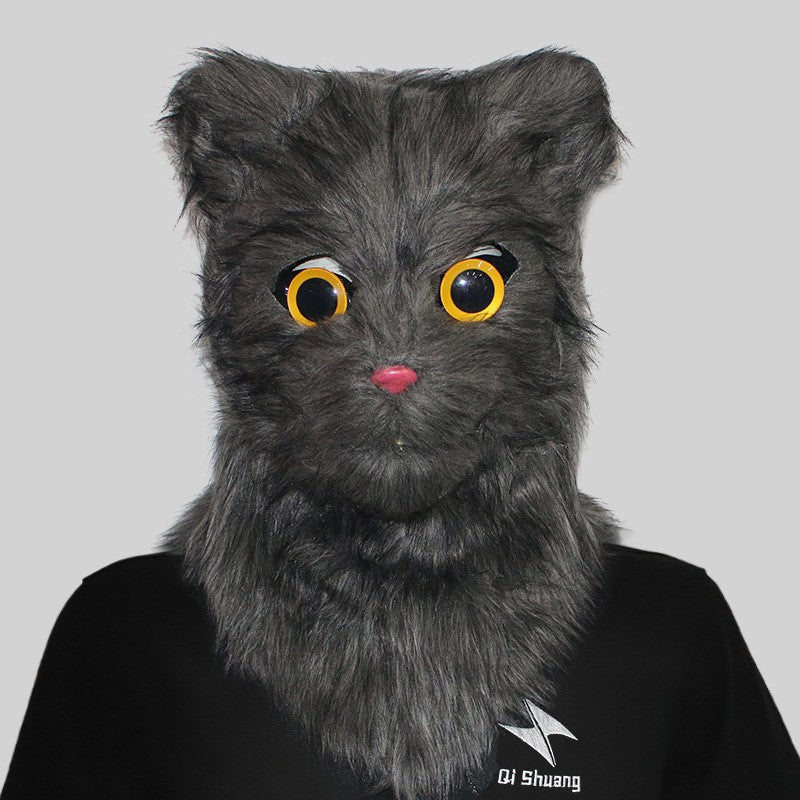 Movable Mouth Cat Head Mask Animal Latex Cute Helmet  Artificial Fur for Halloween Costumes Party Props Adult Size