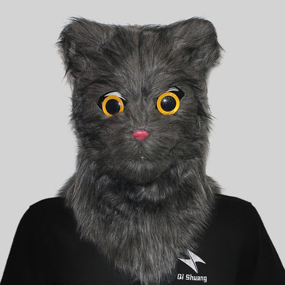 Movable Mouth Cat Head Mask Animal Latex Cute Helmet  Artificial Fur for Halloween Costumes Party Props Adult Size