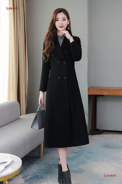 Plus Size Women's Overcoat Long Thickened Woolen Coat Long Collar Slim Fit Waist Cinched Outerwear Spring Autumn New Style Ho...