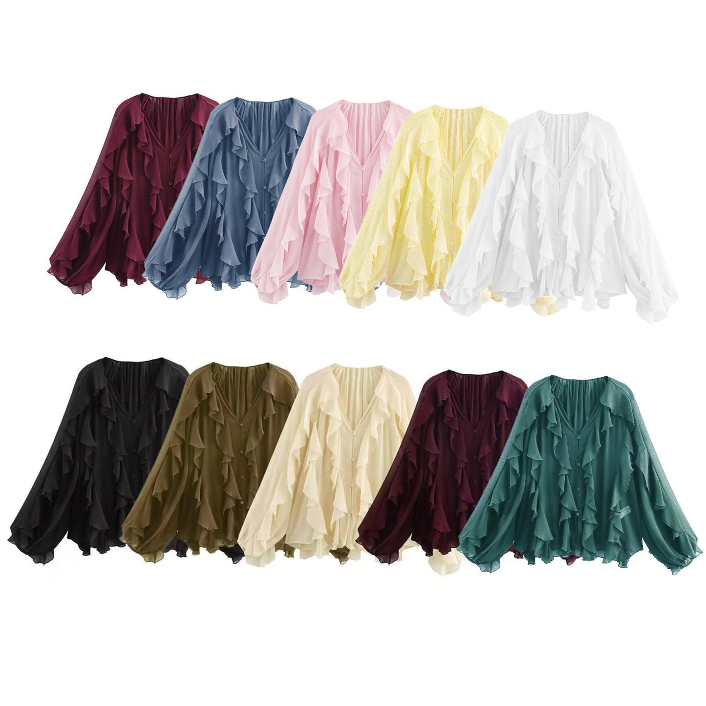 2025 Summer Chic Women's Elegant Loose Long Sleeve Layered Shirts Office Lady Vintage V-neck Translucent Tierred Ruffles Blouses