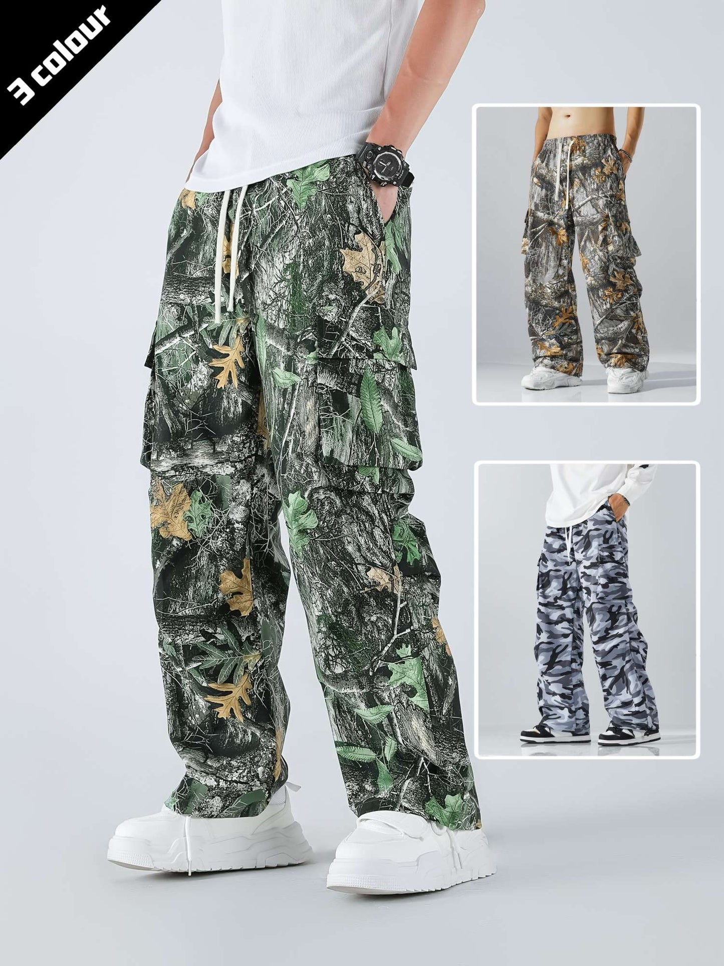 Men's Three-color Casual Camouflage Leaf Pattern Sport Belt Side Pocket Casual Sport Pants
