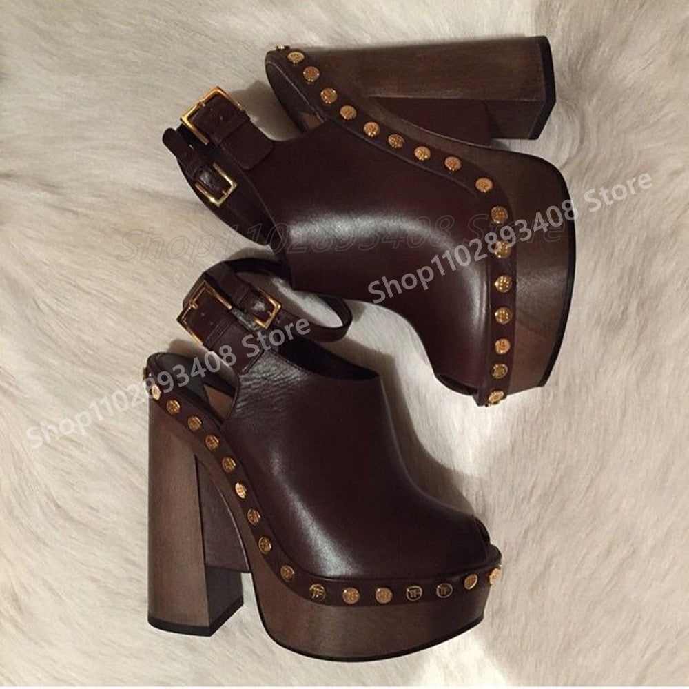 Coffe Matte Leather Round Rivets Pumps Peep Toe Chunky High Heel Elegant Fashion Women Shoes 2025 Summer Zapatos Para Mujere