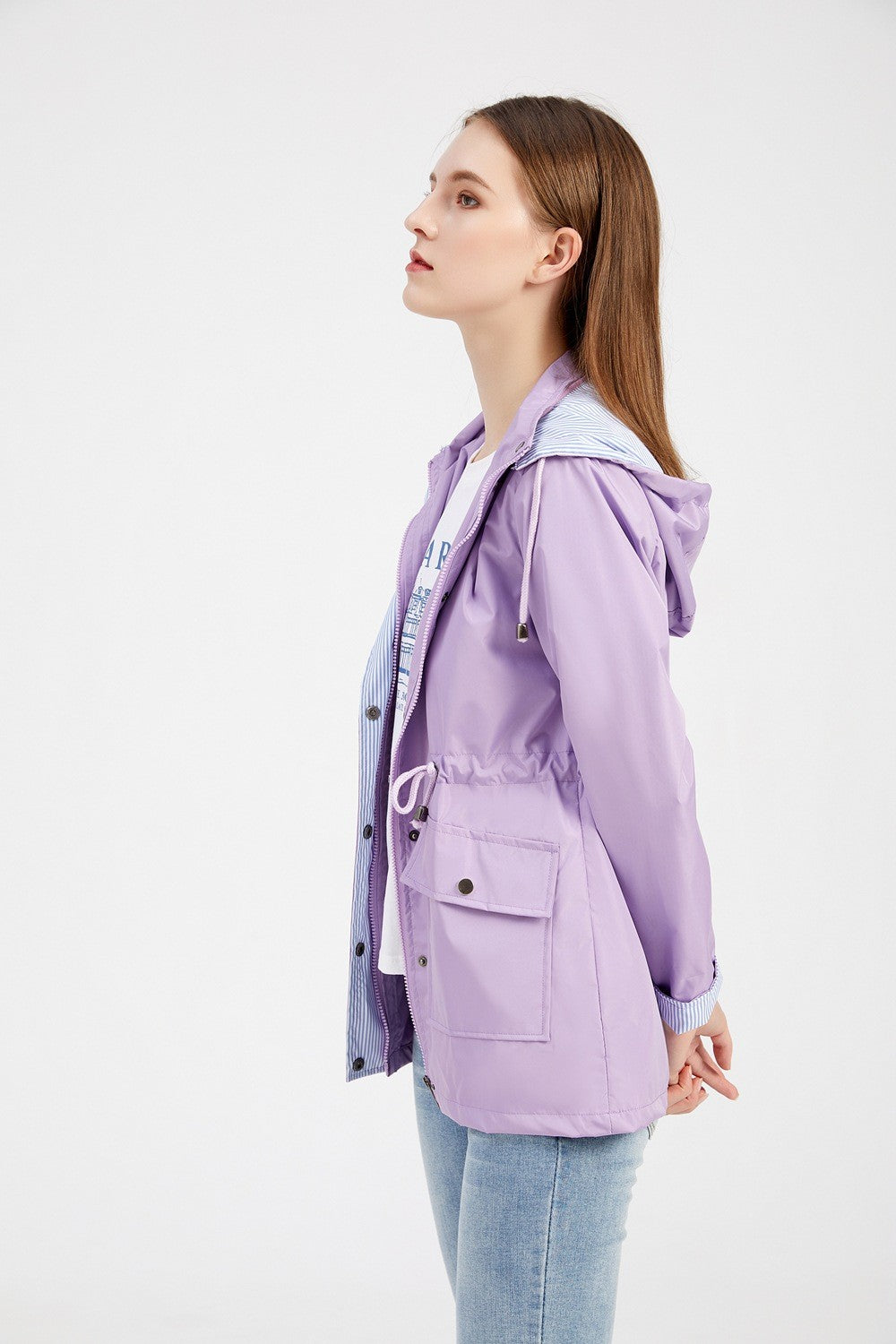 Purple Hooded Jacket for Spring 2025 Women's Office Fashion Women Outerwear Hat with Removable Waist Drawstring Water Proof