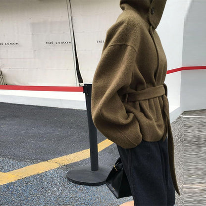 Woolen Solid Women Coat Fashion Belt Patchwork Lace Up Full Sleeve Lapel Lady Jacket 2025 Autumn Winter Female Loose Streetwear