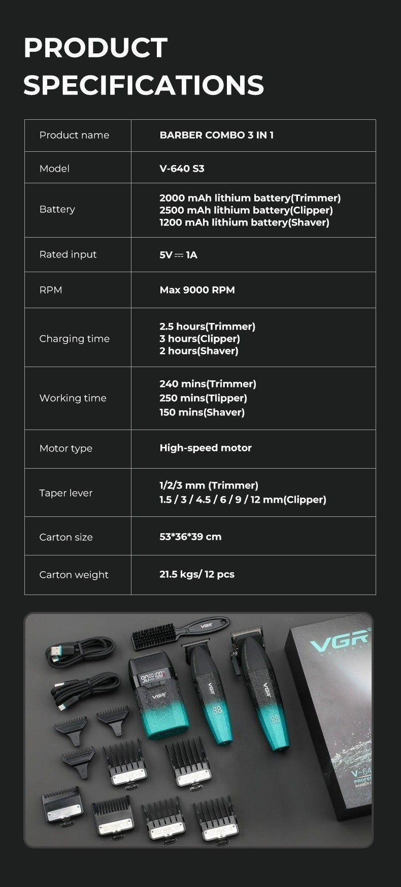 VGR Hair Clippers Professional Hair Trimmers Rechargeable Body Trimmer Electric Clippers Adjustable Hair Clippers Men V-640 s3