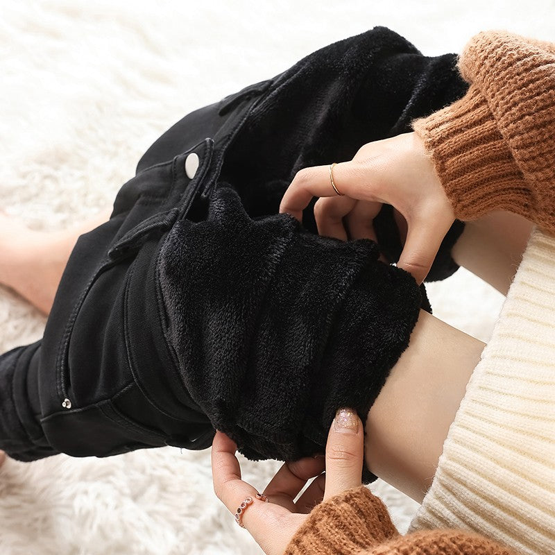 Women Thermal Jeans Winter Snow Warm Thickened Fleece Stretch Skinny Pencil Pants Fashion Korean Slim Fit Velvet Plush Pants