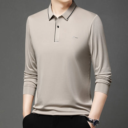 New Men's Business Casual Long Sleeved Shirt with Badge Solid Color Polo Shirt Fashionable Breathable Comfortable Versatile Top