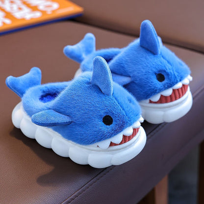 Winter Heel Wrap Cotton Children's Slippers Cute Cartoon Shark Non-slip Soft Sole Kids Boys Girls Junior Warm Plush Home Shoes