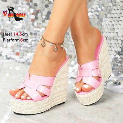 Lady Super High Heels Rice Straw Weave Women Platform Shoes Outside Summer Thick Sole Casual Sandals 14.5CM Wedges Heel Slippers