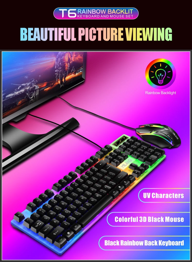 Teclado e Mouse com Fio e Retroiluminação Rainbow, Teclado com Teclas Flutuantes Forte, Resistente ao Desgaste, Sensação Confortável para Escritório Comercial