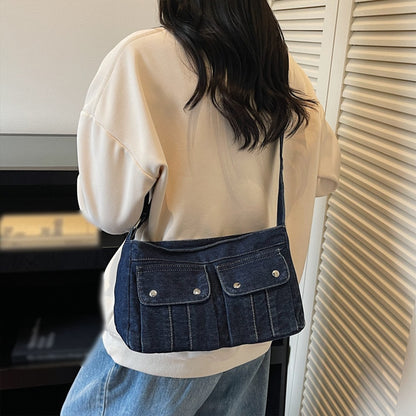 Vintage Washed Canvas Fashionable Bag, Women's Crossbody Bag, Large Capacity Commuting Casual Denim Shoulder Bag