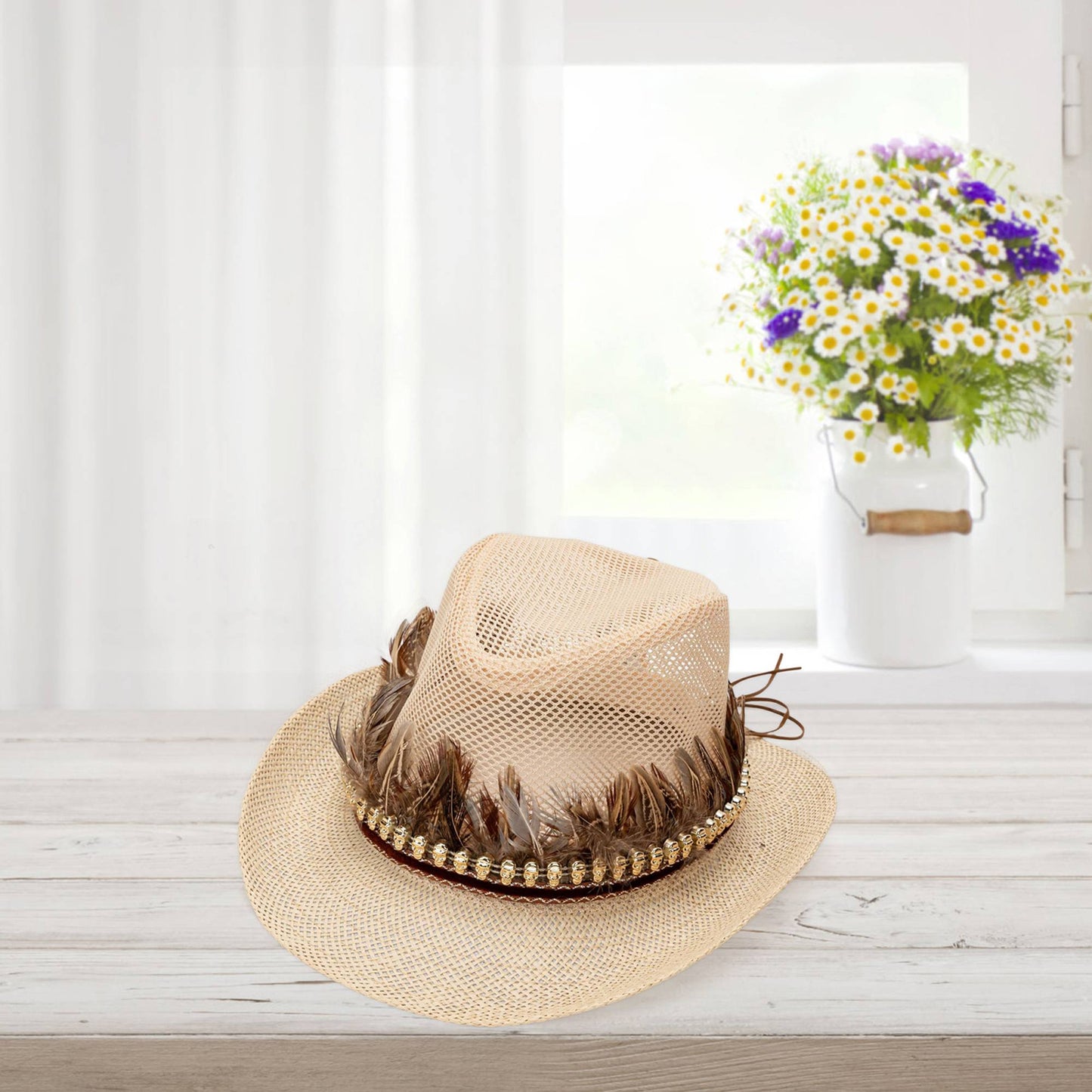 Vintage Style Women Men Feather Hat Elegant Mesh Wide Brim Sun Hat for Casual Party and Outdoor Events