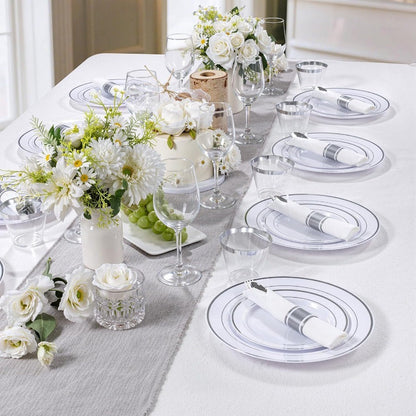 350PCS Silver Plastic Dinnerware Set for 50 Guests Fancy Disposable Plates for Party Include: 50 Dinner Plates 50 Dessert Plate