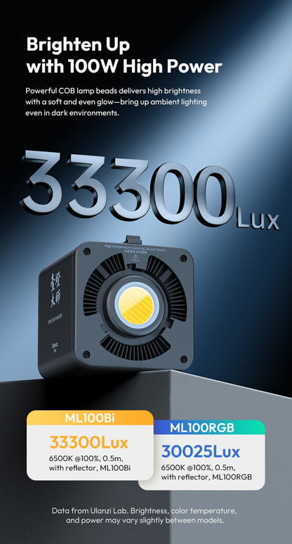 Ulanzi ML100RGB | ML100Bi 100W COB Video Light Full Color | 2700K-6500K Bi-Color Photography Studio Light for Shot Livestreaming