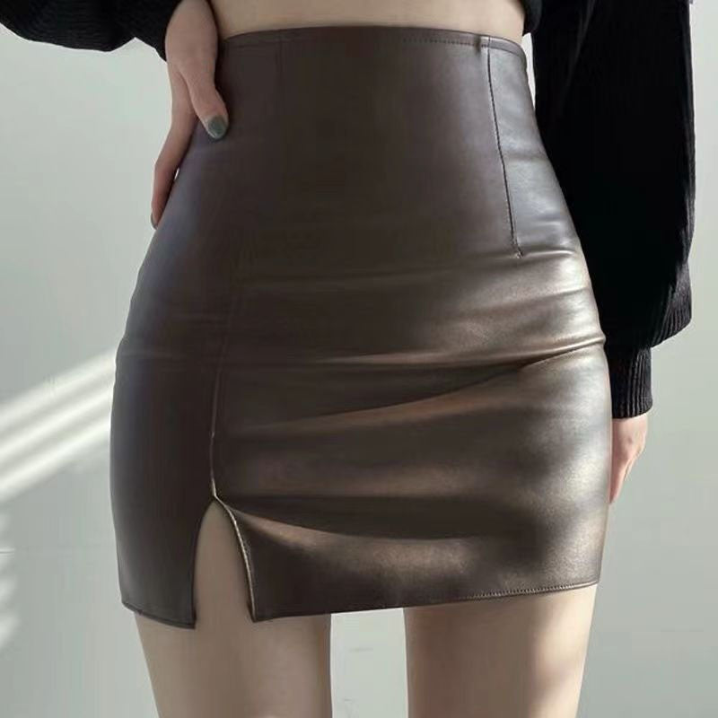 Xpqbb Balck PU Leather Mini Skirt Women Sexy Skinny High Waist Side Split Hip Skirts Autumn New Korean Office Lady Short Skirt