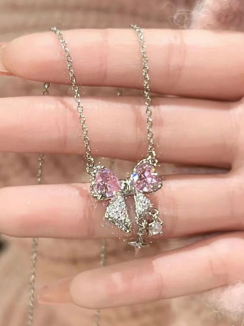 Colar de laço rosa fofo e descolado, corrente de clavícula, acessórios versáteis, luxuosos e simples.