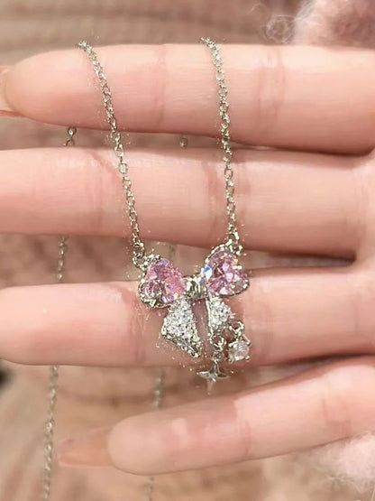 Colar de laço rosa fofo e descolado, corrente de clavícula, acessórios versáteis, luxuosos e simples.