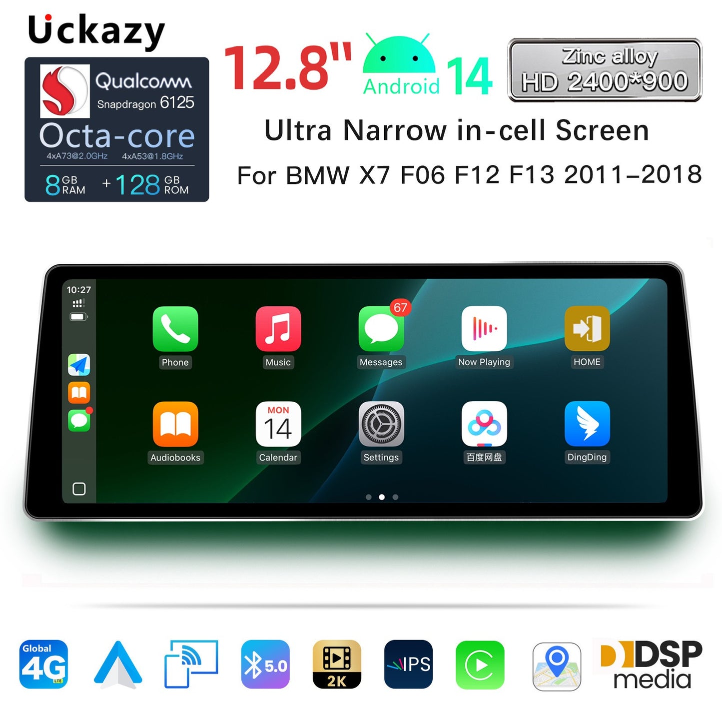 12,8" 2400*900 Android 14 Snapdragon 665 Wireless CarPlay Android Auto Som Automotivo Para BMW F06 CIC NBT 2011-2018 Rádio GPS Tela
