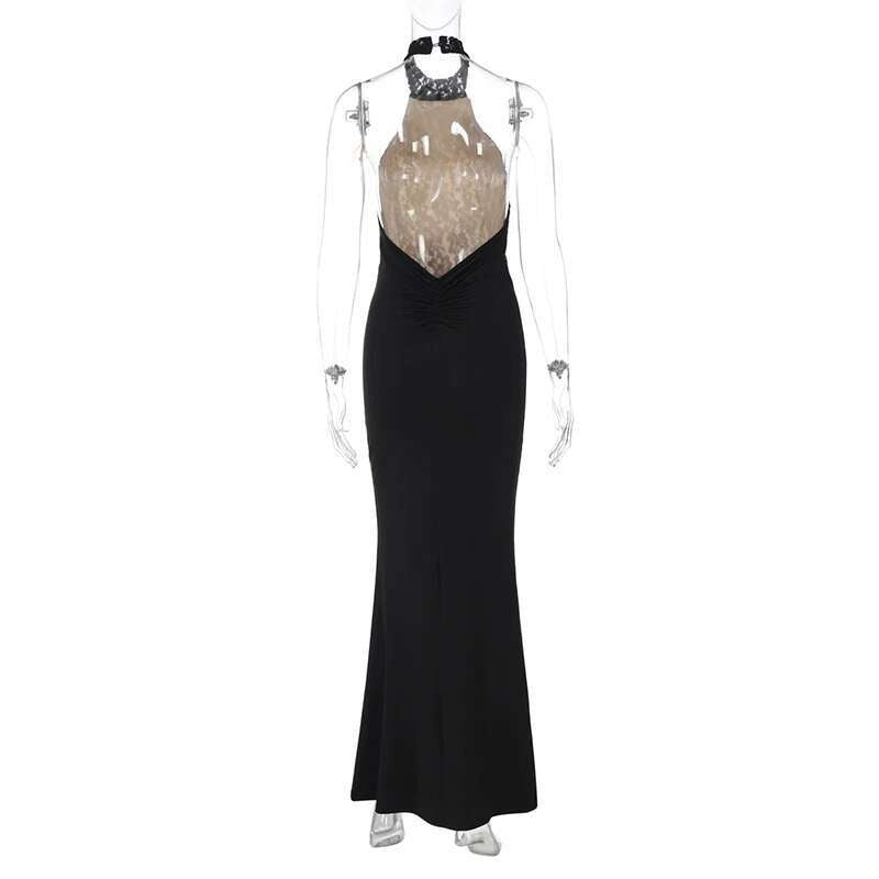 Mozision Lace Halter Backless Sexy Maxi Dress For Women Black Off-shoulder Strap