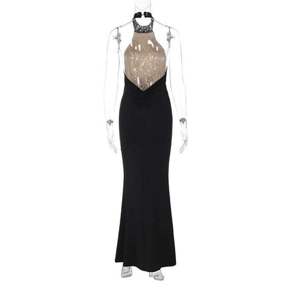 Mozision Lace Halter Backless Sexy Maxi Dress For Women Black Off-shoulder Strap