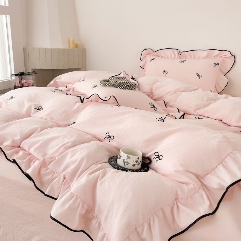 3pcs bow embroidery Bedding set ruffles Duvet Cover Set (1*Duvet Cover + 2*Pillowcase, Without Core)for bedroom guest room
