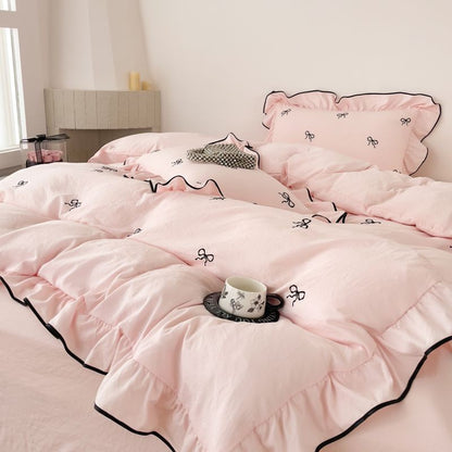 3pcs bow embroidery Bedding set ruffles Duvet Cover Set (1*Duvet Cover + 2*Pillowcase, Without Core)for bedroom guest room