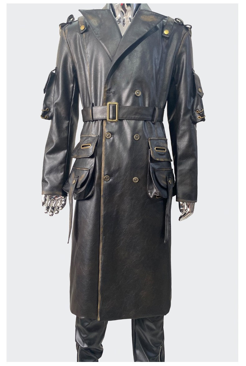 Nerazzurri Spring Autumn Cool Long Waterproof Distressed Black Pu Leather Trench Coat Men Belt Pockets Luxury Designer Clothes